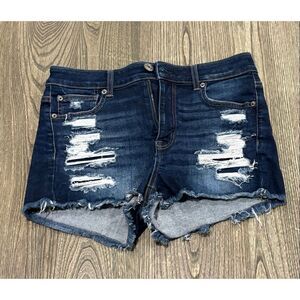 American Eagle Hi-Rise Shortie Shorts Ripped Next Level Stretch Dark Wash Size 8